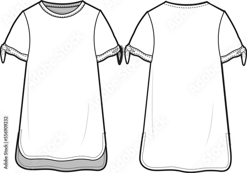Knot Short Sleeve Shift T-Shirt Dress  Front and Back View. Fashion Illustration, Vector, CAD, Technical Drawing, Flat Drawing, Template, Mockup.	