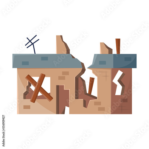 Old broken building. Vector illustration of destroyed house after apocalypse or earthquake. Cartoon abandoned dirty property in poor condition isolated white. Poverty concept