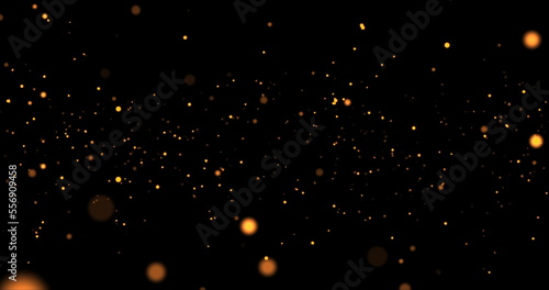 Flying luminous particles of different sizes on a black background. Particles from bokeh. Yellow blurred particles. 3D render.