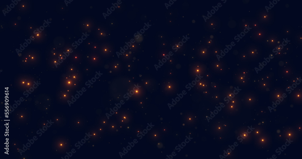 Moving in space luminous and sparkling orange particles on a blue background. An abstract star cluster, deep space. Bokeh. 3D render.