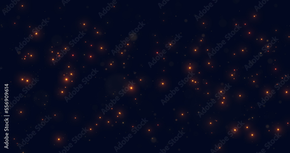 Moving in space luminous and sparkling orange particles on a blue ...