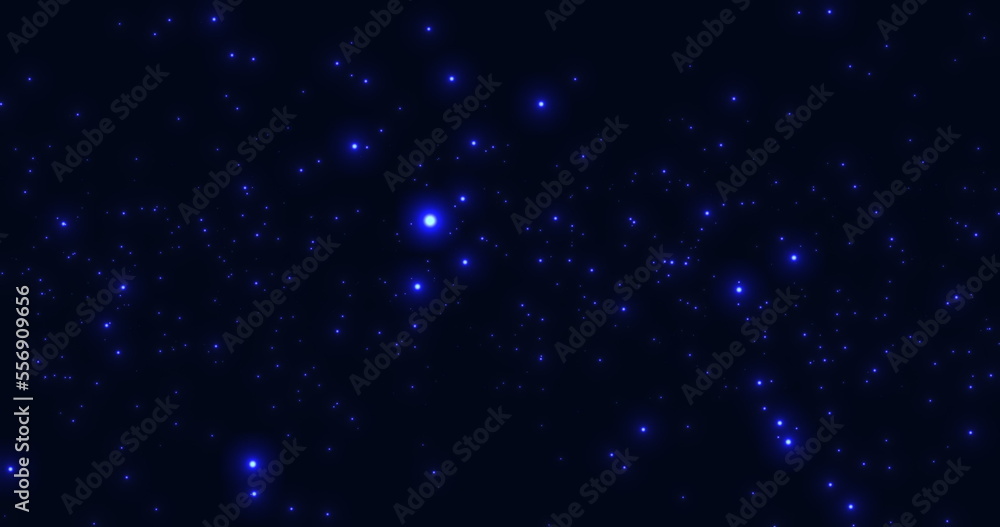 Fototapeta premium Luminous blue particles moving in space on a blue background. An abstract star cluster, deep space. Bokeh. 3D render.