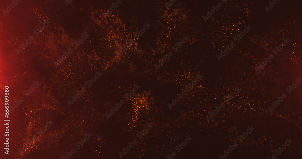 A vortex of red particles slowly unfolding in the wind against a dark red background. Bokeh particles. Sparks from the fire in the light of the flames. 3D render.
