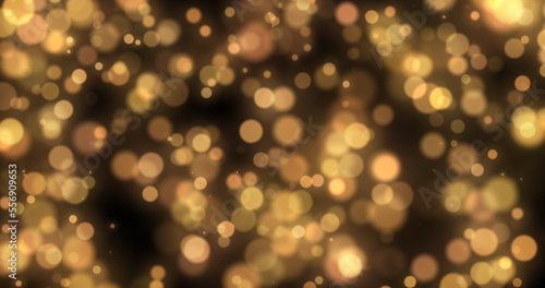 Flickering and moving in space yellow lights. Particles from bokeh. 3D render.