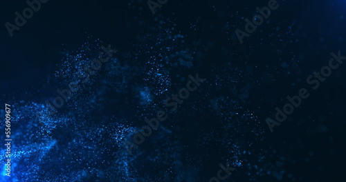 A vortex of blue particles slowly unfolding against a dark blue background. Bokeh particles. Water vapor in blue light. 3D render.