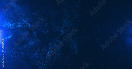 A vortex of blue particles slowly unfolding against a blue background. Bokeh particles. Water vapor in blue light. 3D render.