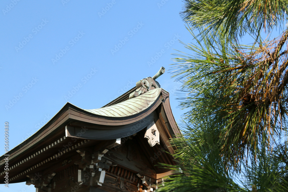 Japanese Kamakura Period shrine roof design. With pine branch hangs like an ukiyo-e picture. Japanese Kamakura Period shrine roof design. With pine branch hangs like an ukiyo-e picture.