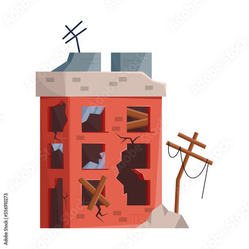 Old broken building. Illustration of destroyed house after war, apocalypse or earthquake. Cartoon abandoned dirty property in poor condition isolated white. Poverty concept