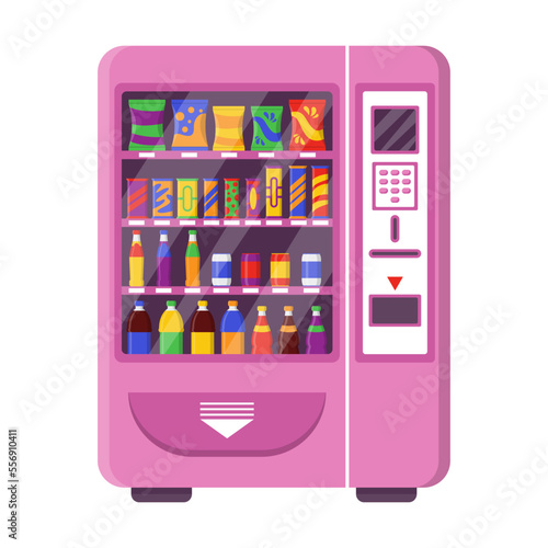 Vending machine. Vector illustration of automatic shop selling drinks in can or bottles and food snacks. Cartoon front view of bar or store equipment isolated white. Retail concept
