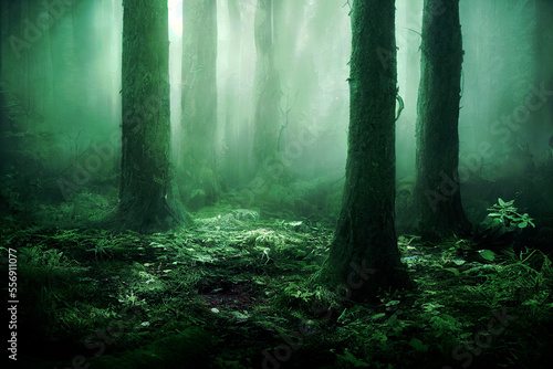 Foggy magic green forest with old trees ,made with Generative AI