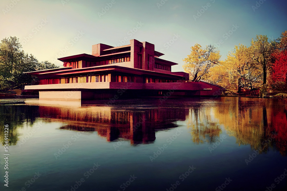 Fototapeta premium Solitary house near the lake surrounded by lush forest ,made with Generative AI