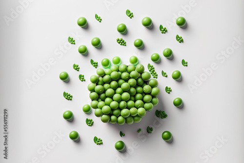 Fresh green peas in a top view on a white background. Generative AI