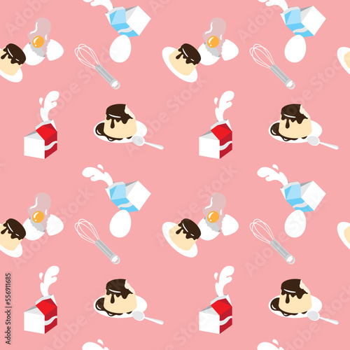Vector illustration background with creme custard, eggs, whipped milk and whisk.
Suitable as wrapping paper, food packaging, fabric or decoration for restaurants and cooking classrooms.
