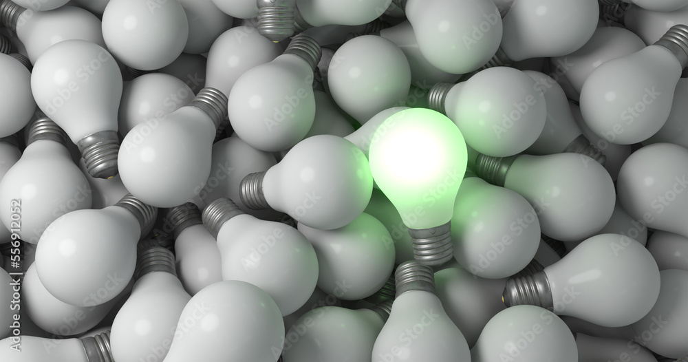 Glowing bulb among the gray unlit bulbs.Unique ideas, 3d render
Glowing bulb among the gray unlit bulbs.Unique ideas, 3d render