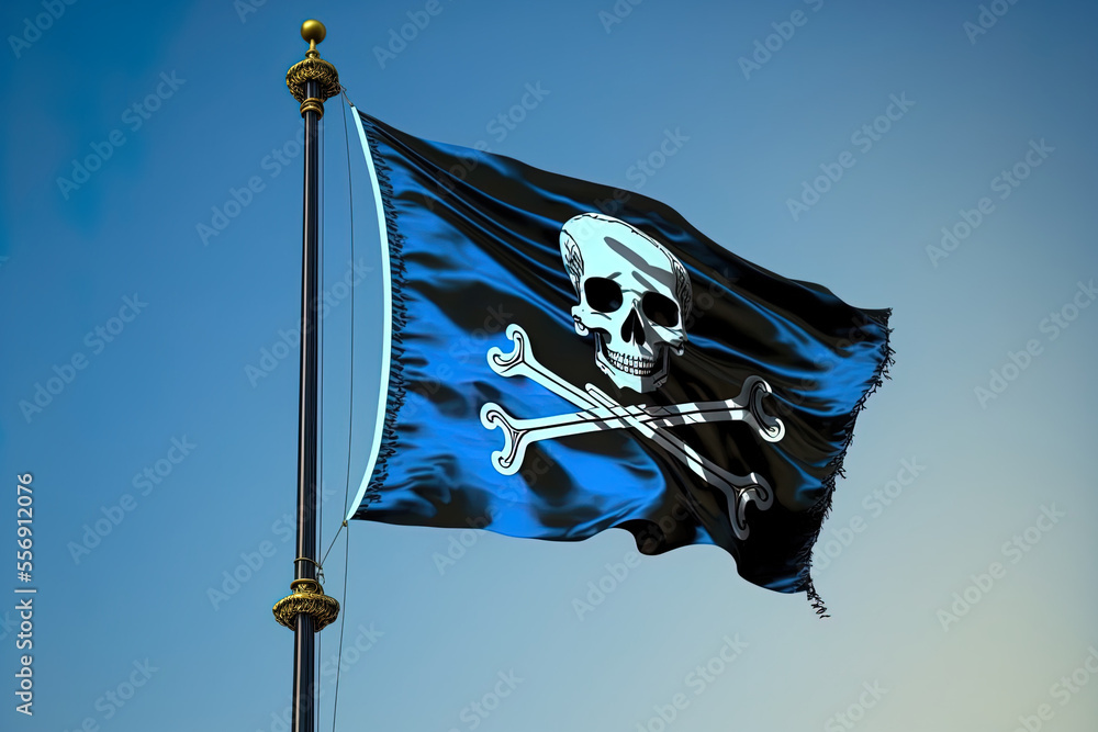 Pirate flag Jolly Roger in three dimensions, isolated on a horizontal banner of the sky in blue. Generative AI