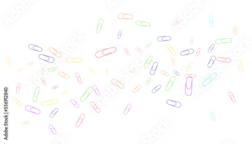 Paper clips are scattered on a white background. Decorative element. Background for design, school and office supplies