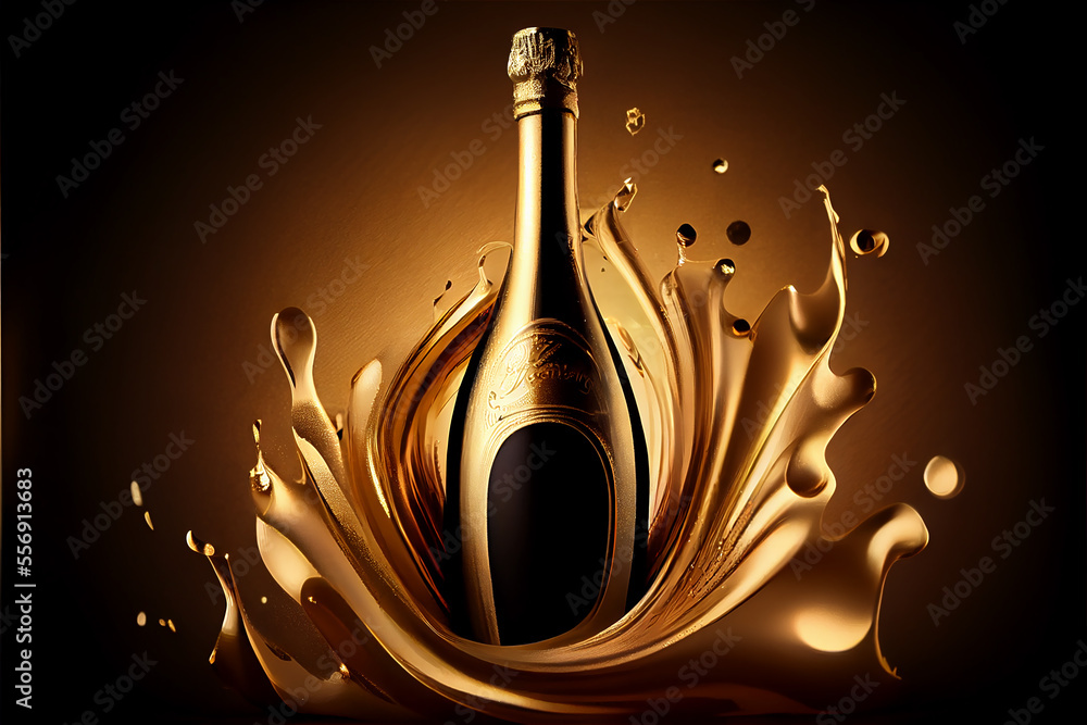 champagne bottle popping open in a golden art deco background Stock