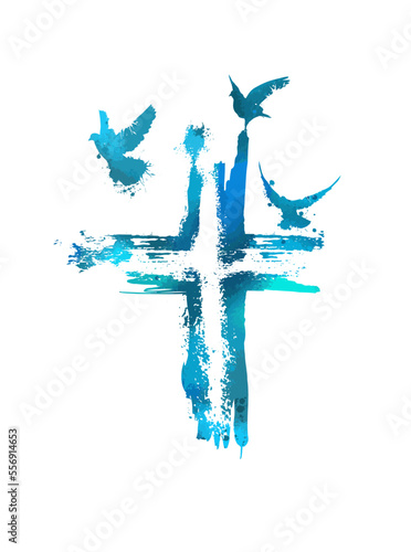 Dove flying with a Symbol of Religion. Cross. Dove Of Peace. No war. Freedom to Ukraine . Happy easter. Vector illustration.