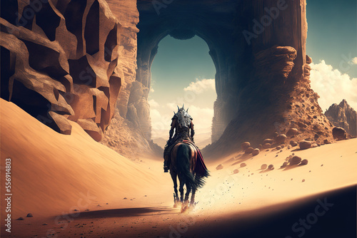 Print op canvas Ancient warrior riding a horse in the desert