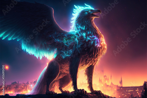 A mythical ancient glowing griffin created with Generative AI technology photo