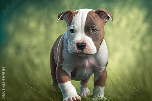 adorably young brown and white pit bull on synthetic grass at a dog farm. chubby puppy practicing walking need affection and attention. Dogs like to go outside and play in a big space because they fee