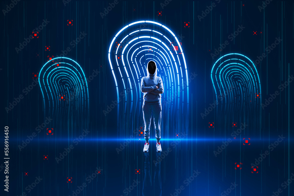 Hacker with folded arms and abstract glowing blue fingerprint hologram ...
