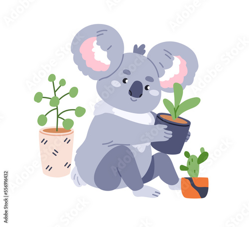 Cute koala with potted plants. Happy Australian bear with houseplants. Adorab...