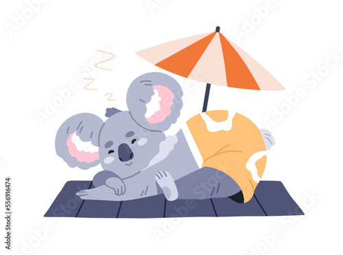 Cute koala bear sleeping and sunbathing, relaxing on summer beach. Happy funny animal character in trunks lying under umbrella. Childish kids flat vector illustration isolated on white background