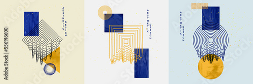 Vector illustration. Abstract contemporary art aesthetic backgrounds. Design for social media template, web banner, blog post. Blue, gold watercolor paints. Melted shapes pattern. Modern retro style