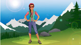 Hiking Girl Cartoon Character on a Mountain Landscape Background Scene. Vector Illustration