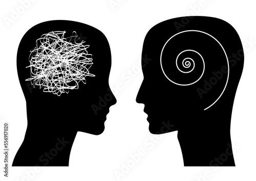 Two silhouettes of heads. Confusion and rationality concept.