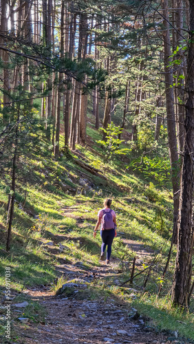 Woman with backpack on idyllic hiking trail through fir forest from Kotor to Derinski Vrh, Montenegro, Balkan, Europe. Magical atmosphere in Lovcen and Orjen national park. Fresh air breathing © Chris