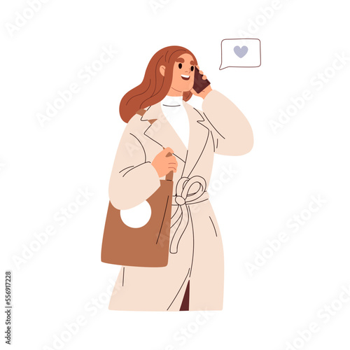 Woman talking, holding mobile phone by ear. Love call concept. Young modern girl chatting, speaking to lover, valentine on smartphone, cellphone. Flat vector illustration isolated on white background