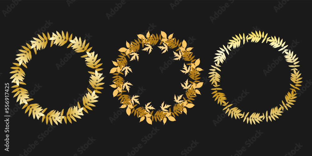 Wreath gold leaves , set leaf round, dark background. Vector illustration Wreath gold leaves , set leaf round, dark background. Vector illustration