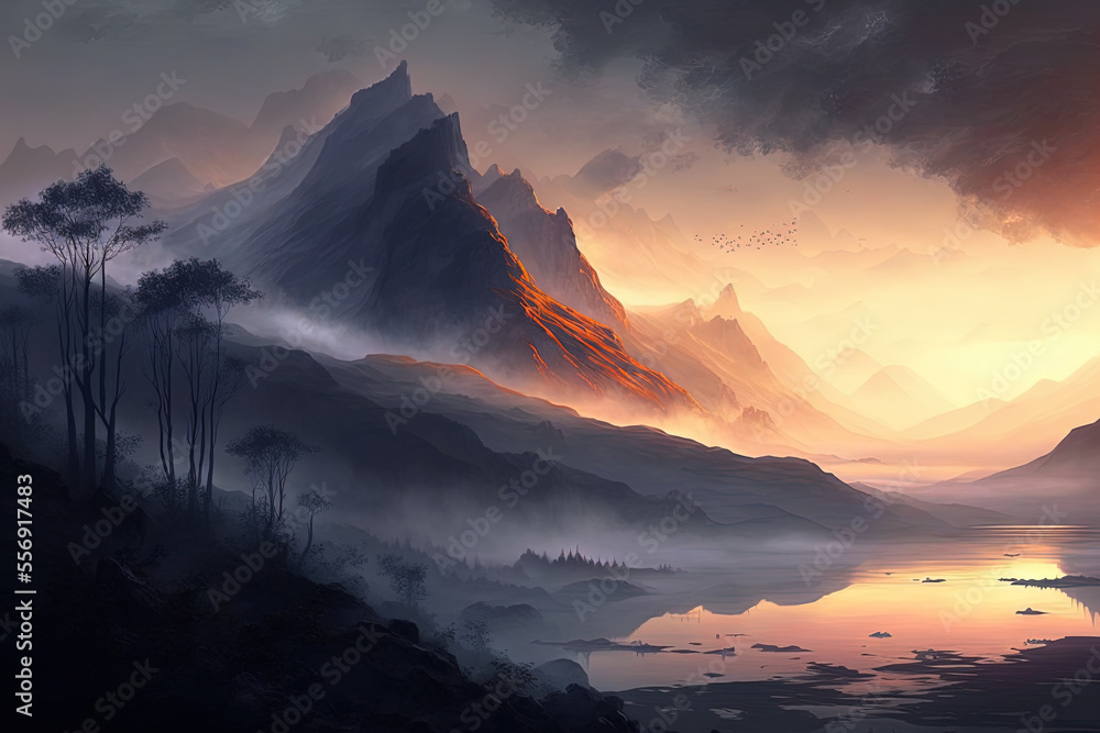 At dawn in the morning, there is fog on the mountains. Generative AI
