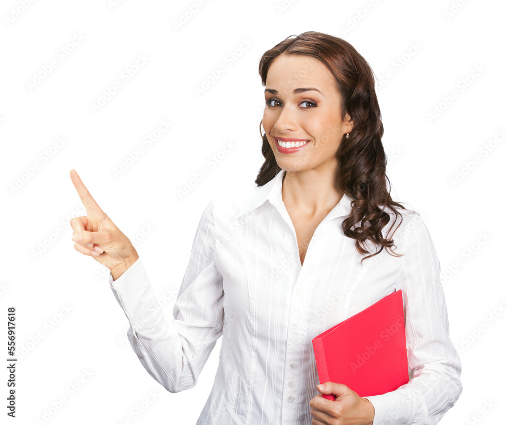 Portrait image of smiling business woman with red folder showing, pointing, advertising something or copyspace area, isolated white background. Businesswoman, office worker, teacher, real estate agent Portrait image of smiling business woman with red folder showing, pointing, advertising something or copyspace area, isolated white background. Businesswoman, office worker, teacher, real estate agent