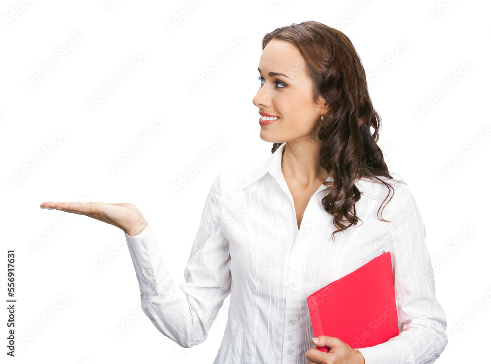 Portrait image of happy smiling business woman with red folder showing, pointing, advertising, isolated white background. Profile side businesswoman, office worker, teacher or real estate agent. Portrait image of happy smiling business woman with red folder showing, pointing, advertising, isolated white background. Profile side businesswoman, office worker, teacher or real estate agent.