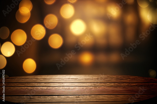 Background with copy space, with a wood table in the front and gold defocus lights in the background. Generative AI