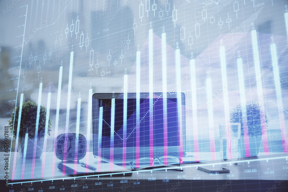 Stock market graph and table with computer background. Double exposure. Concept of financial analysis. Stock market graph and table with computer background. Double exposure. Concept of financial analysis.