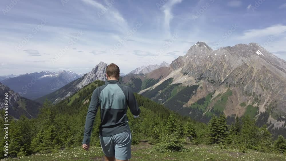 Hiker descending trough pine trees on mountain range caries plastic water bottle Rockies Kananaskis Alberta Canada