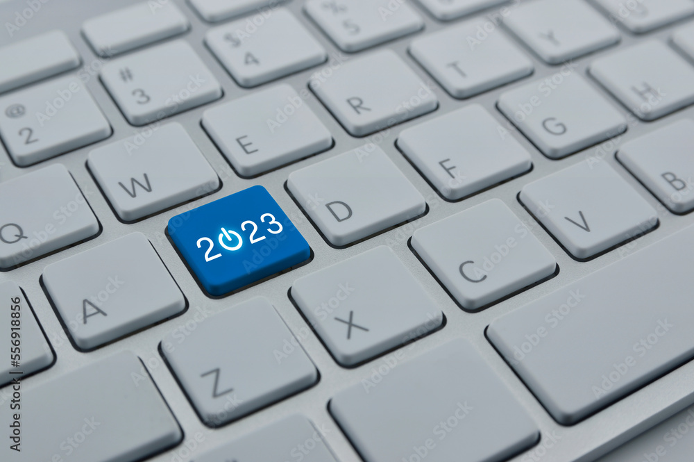 2023 start up business flat icon on modern computer keyboard button, Happy new year 2023 success concept