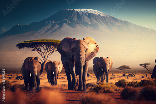 Elephant in Mt. Kilimanjaro landscape, Generative AI © fusebulb
