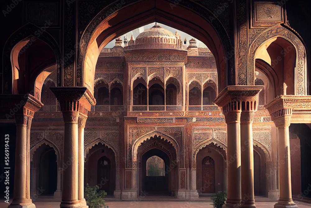 Mughal palace, or mughal architecture arches, Generative AI