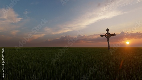 cross in the grass field 3d render