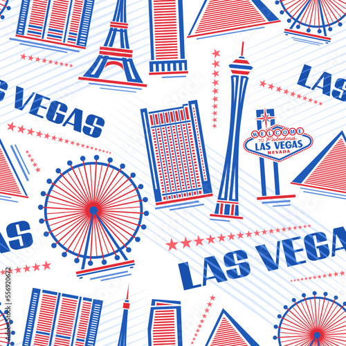 Vector Las Vegas seamless pattern, square repeat background with illustration of simple outline red buildings on white background for wrapping paper, decorative urban poster with blue text las vegas