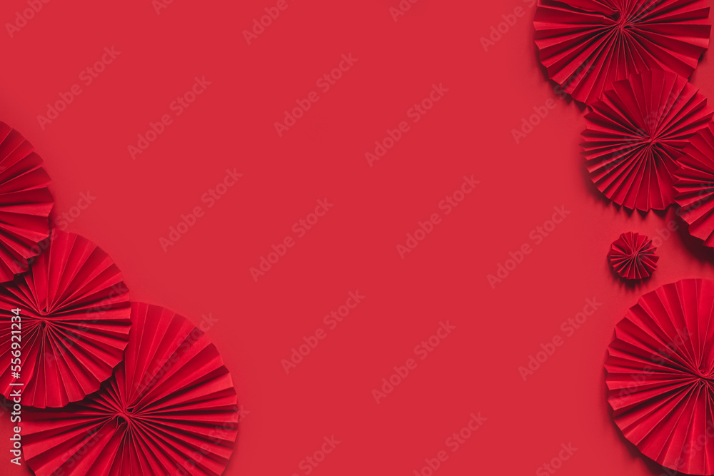 Chinese New Year 2023 .Decor pattern fan on red background. Red paper fans .Lunar New Year banner template. Lunar New Year,chinese banner,chinese new year background