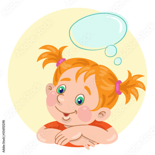 Portrait of a red-haired little girl. Avatar icon in circle with speech bubble. In cartoon style. Isolated on white background. Vector illustration.