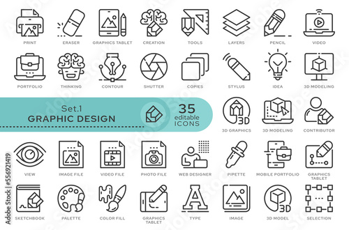 Set of conceptual icons. Vector icons in flat linear style for web sites  applications and other graphic resources. Set from the series - Graphic Design. Editable outline icon. 