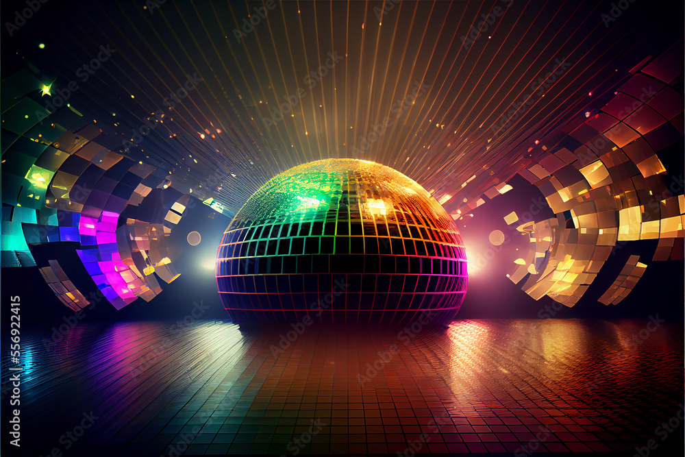 retro colorful disco background with mirror ball  and spotlights on the dancefloor - obrazy, fototapety, plakaty 