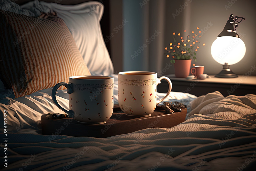 bedside coffee cups in a cozy bedroom. Generative AI
